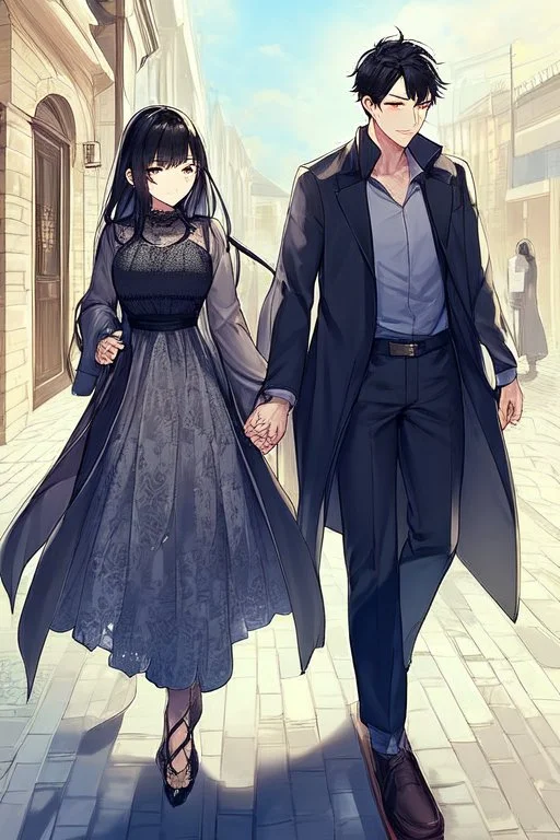Couple walking, black hair
