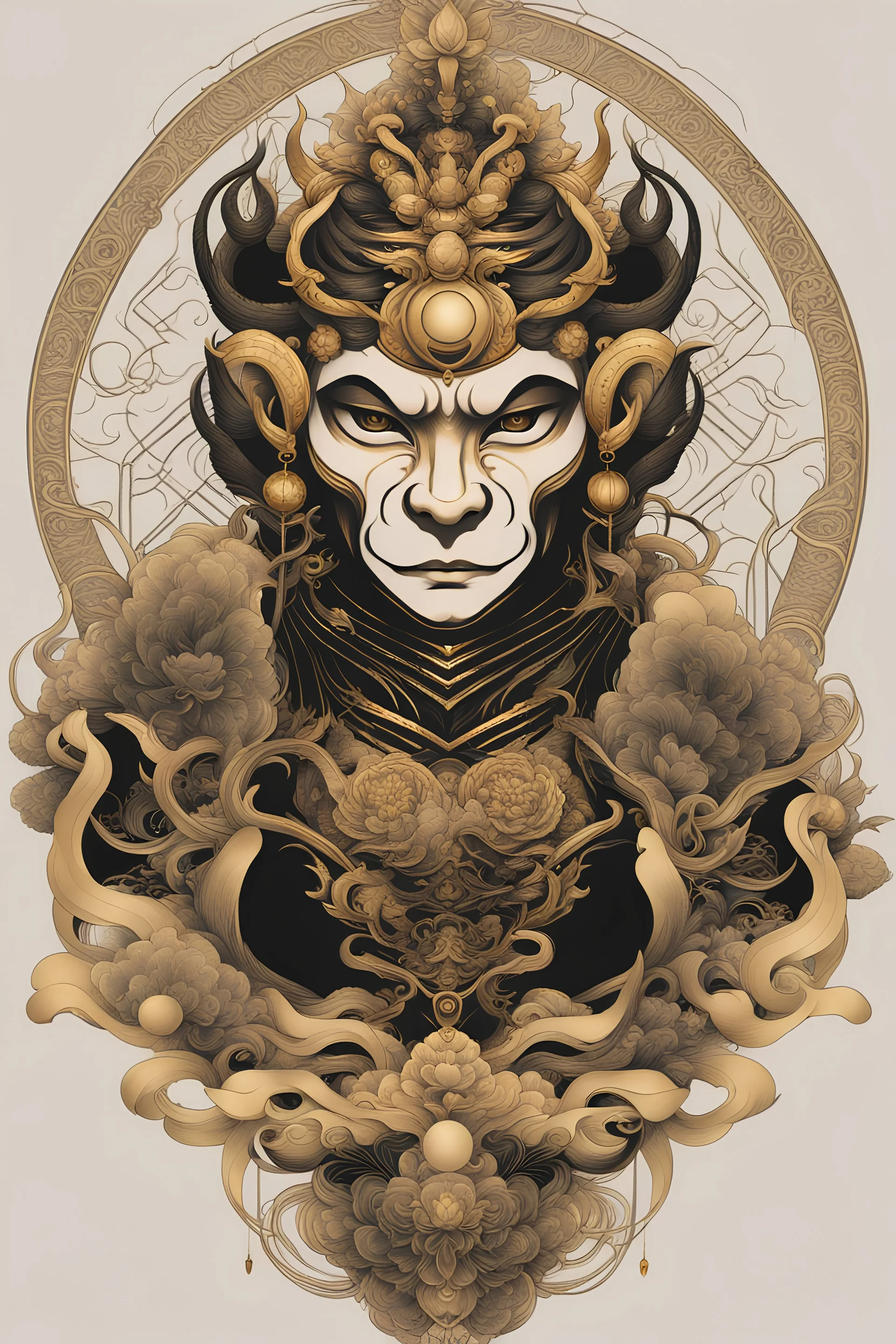 Create a captivating modern 2d black and gold ink tattoo design for print , prestigious Divine Monkey King using the elegant influences of japan art style, for print, dynamic elements from fashion and design, and bold Japanese contemporary art aesthetics, framing centered in the center, distanced from the edges of the paper perimeter, perfect anatomy, bauhaus, Divine Proportion,