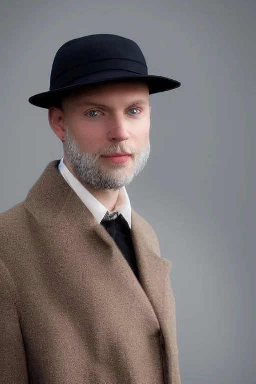 White skin bald man with brown little beard and blue eyes in elegant black coat and hat