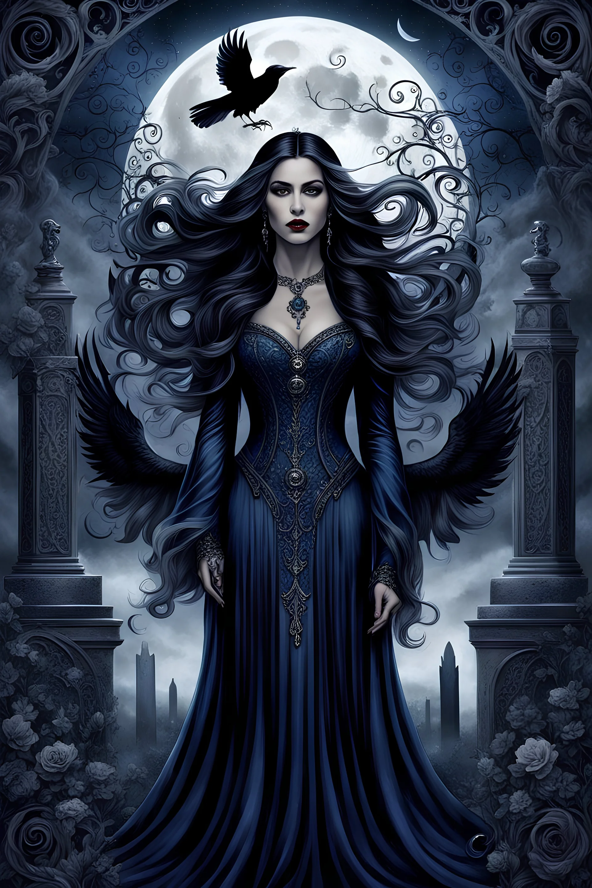 A muted dark colored gothic image of a woman with intricate sade facial features dark eyes, dressed in a deep midnight blue and grey long flowing dress with an aura of fantasy, with long dark hair, there are swirls of silver, a black raven fly around her , a full moon in the dark sky, big mist around her a tombstone, skulls, dark roses, midnight blue roses, a wrought-iron fence around the graveyard, gnarled tree near the tombstones, moonlight filtering through the trees, ethereal glow and fog