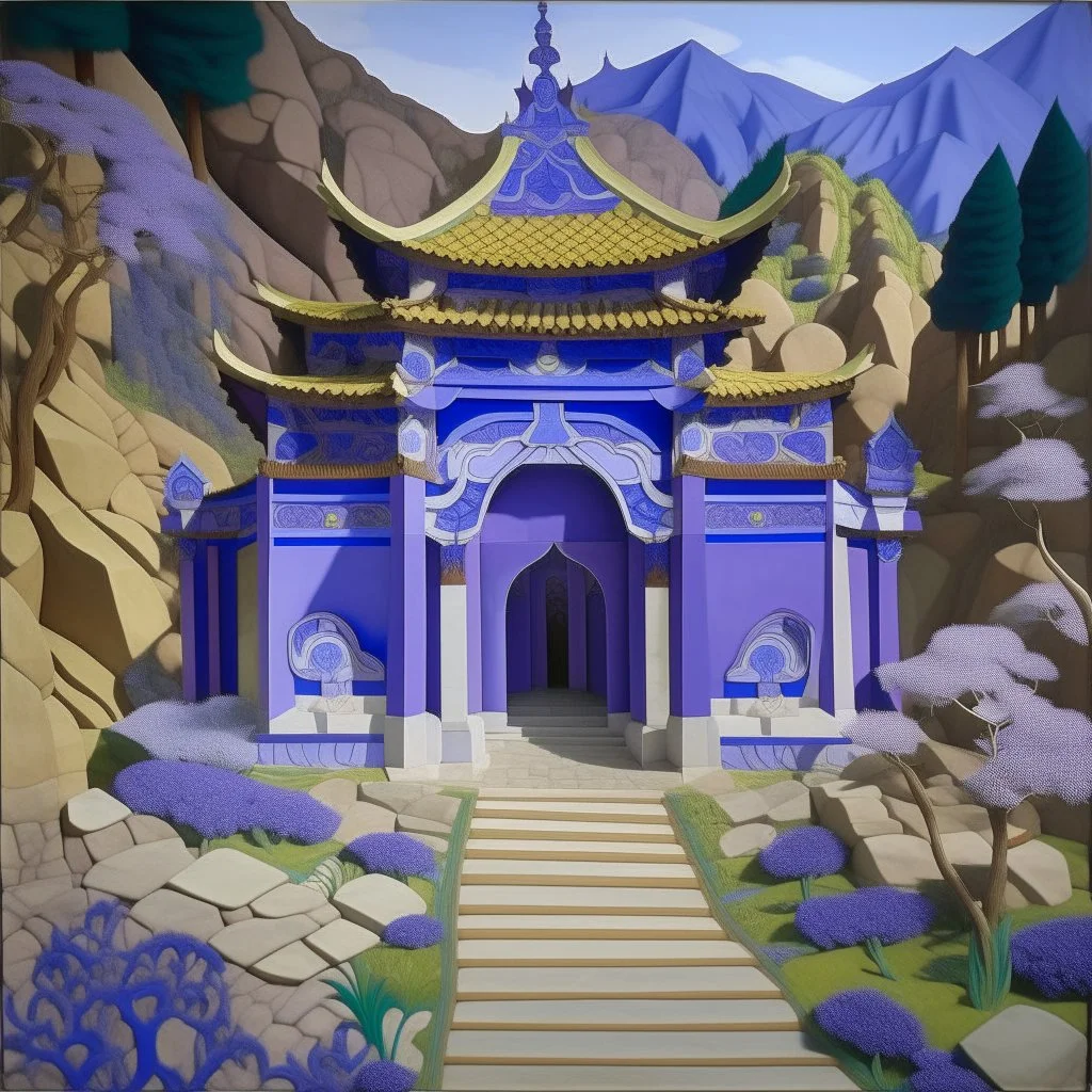 A violet Eastern temple near a gorge with portals designed in Chinese paper art painted by Diego Rivera