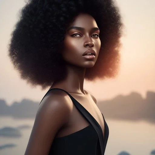 A portrait of a beautiful youthful black woman, wearing a black dress, long hair, black hair, wavy hair, wizard, magical, ethereal, soft bright lighting, Concept art by wlop, Ultra quality 8k, Fantasy.