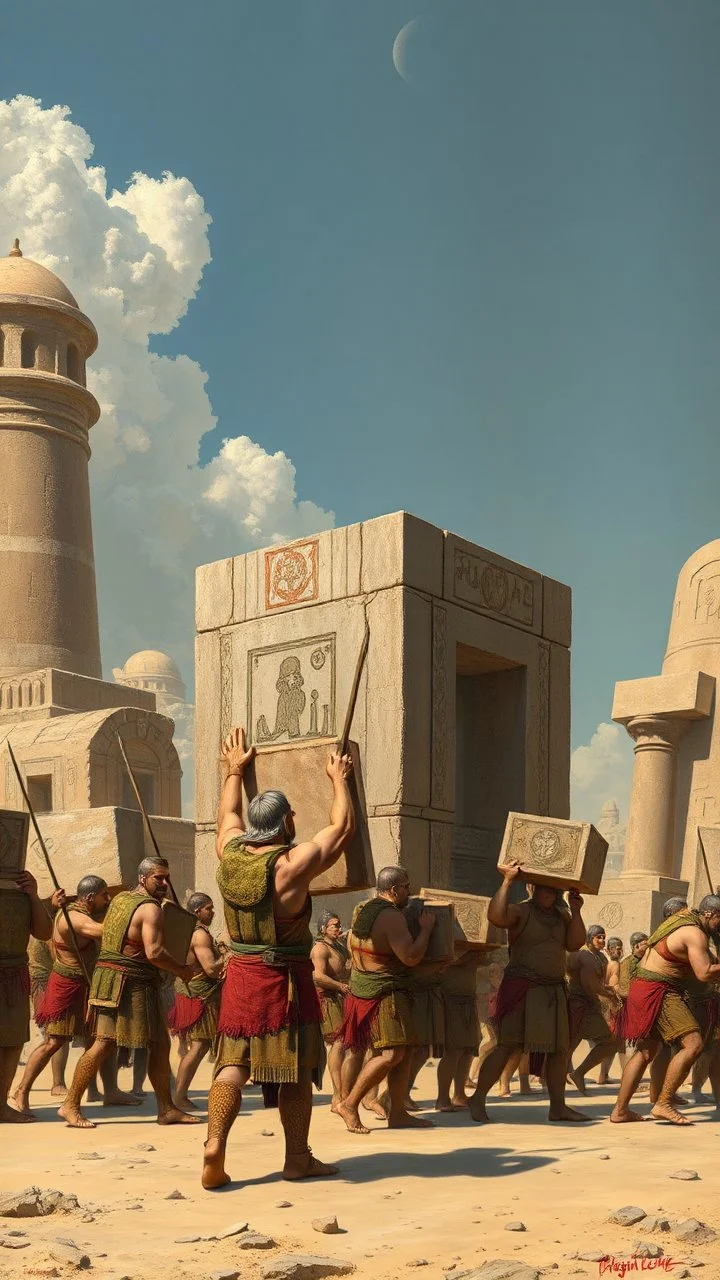 Bosch painting style giant strong warriors have muscles carrying a big cubicle stones building the Egyption paramount