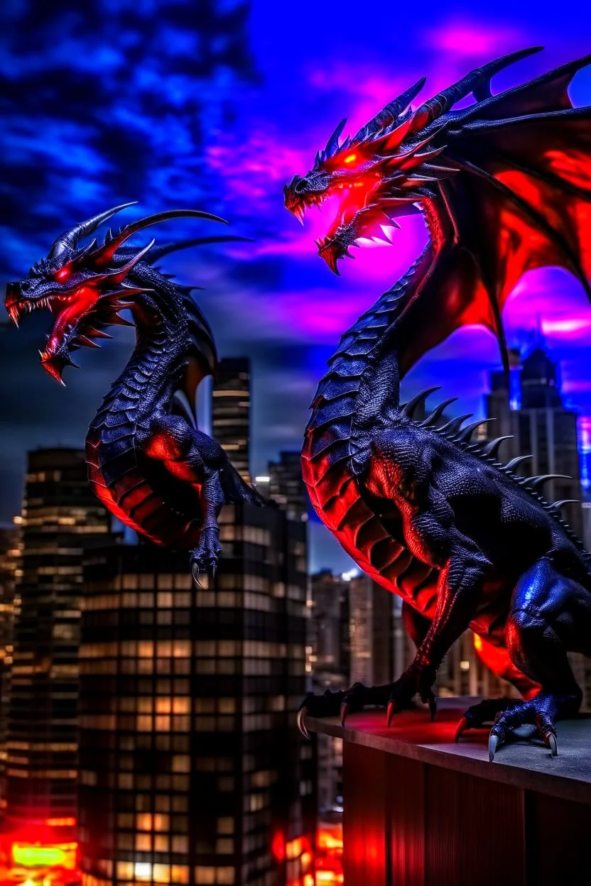 black dragon and red dragon facing each other on top of a high rise building at night