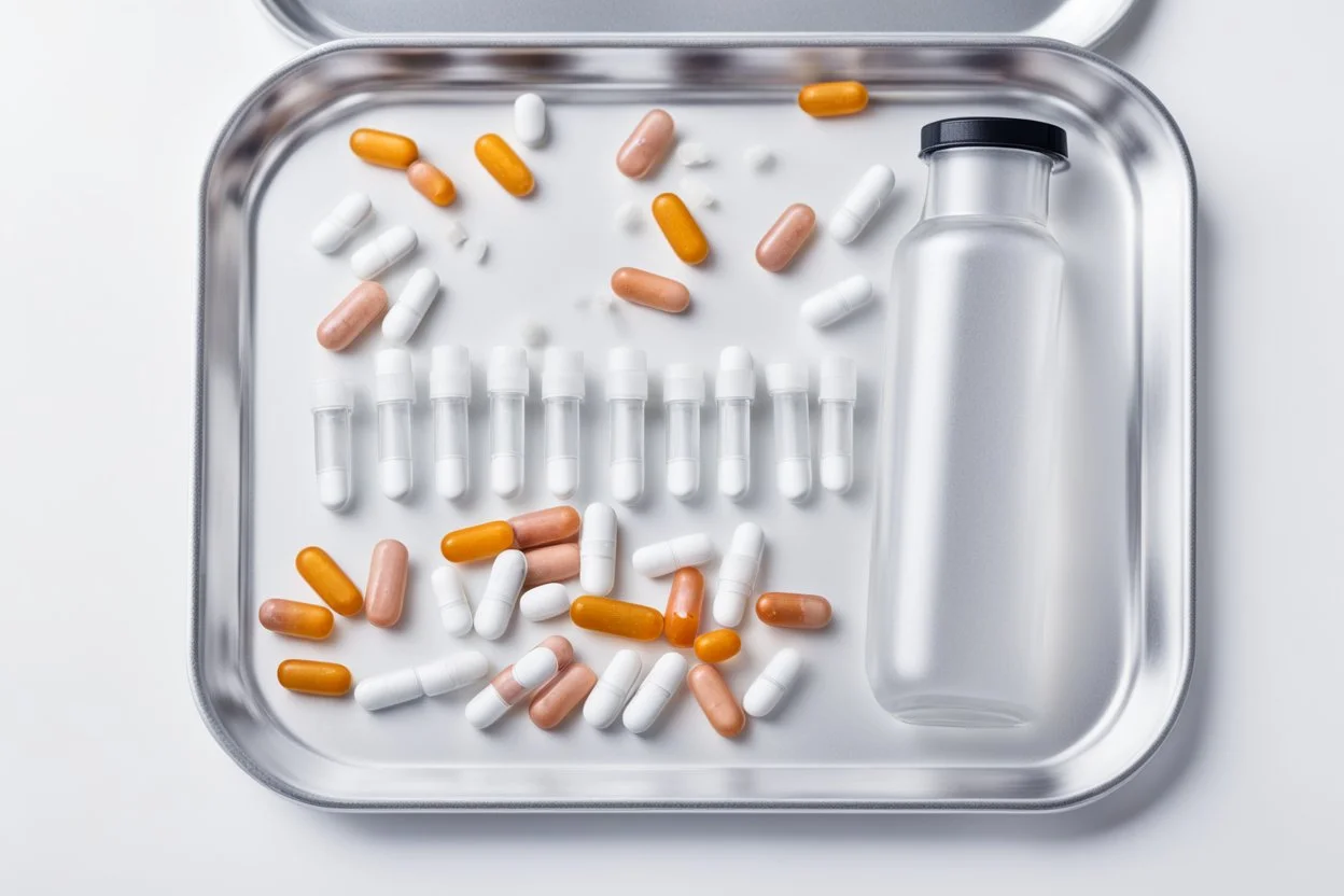 Vaccine ampule on a white table; aluminum tray; pills and packaging material;