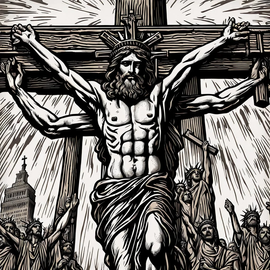 crucified on the cross christ liberty hybrid tone, woodcut, engraved, wall street journal style, statue of cruicified Jesus of Liberty with a beard and wearing a cross and hanging from a cross, The statue male, hyperdetailed intricately detailed photoillustration ink drawing dystopian 8k resolution entire body of the statue is in the picture. digital illustration telephoto lens photography , same colors as the us treasury's one dollar bill, crucified"