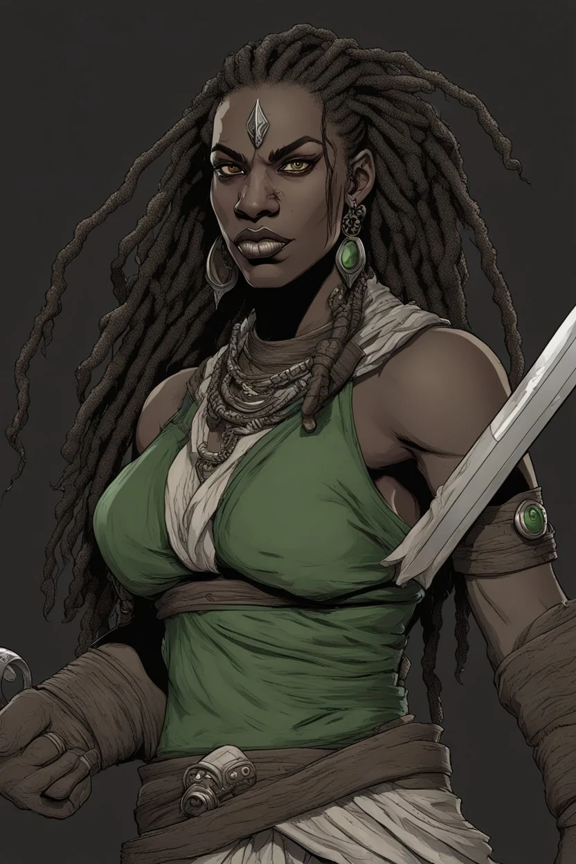 dungeons and dragons character portrait of a very strong and big beast human female warrior with black skin and dreadlocks and thick eyebrows and big nose and big fangs and green eyes. Make her fangs visible.