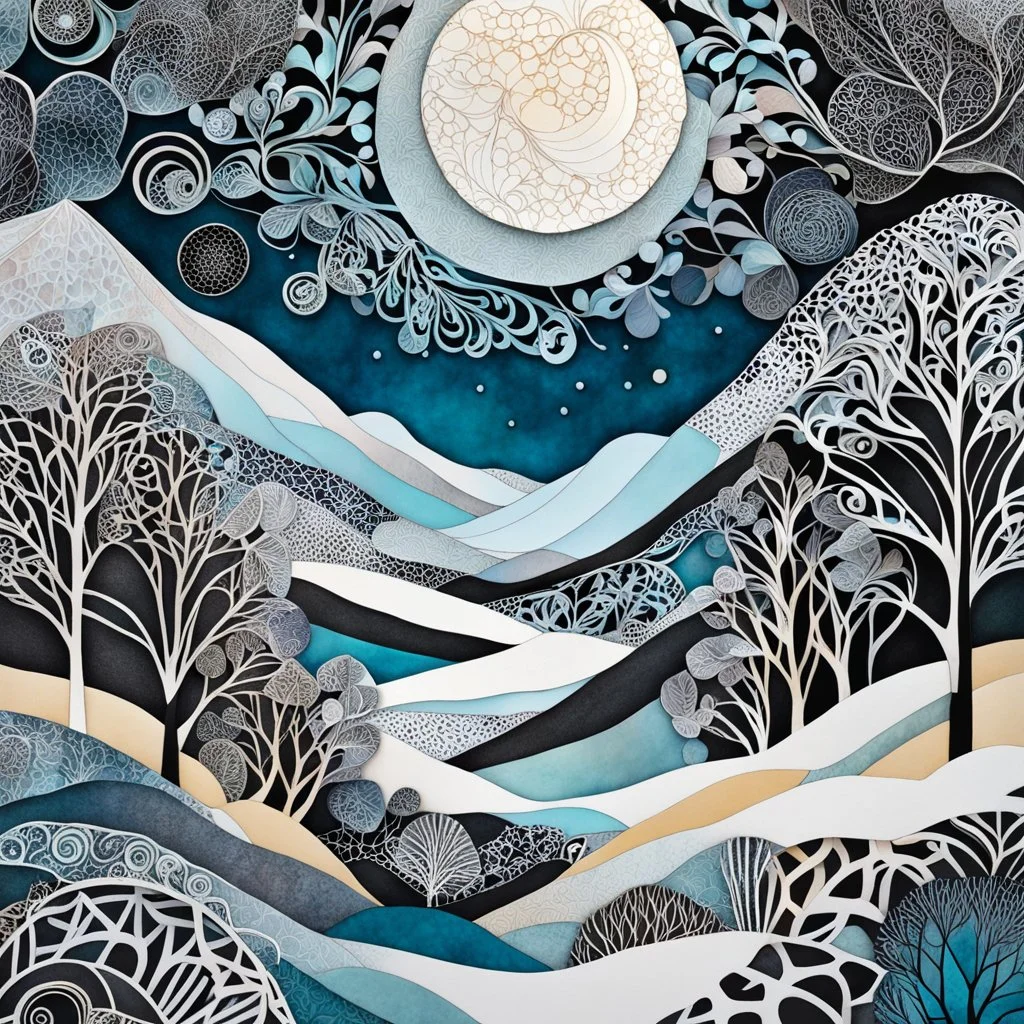 abstract paper collage overlayed with Zentangle patterns that depict the vastly diverse landscape of Nature bathed in pale moonlight of winter, highly detailed, vibrant natural color, with bold ink outlining