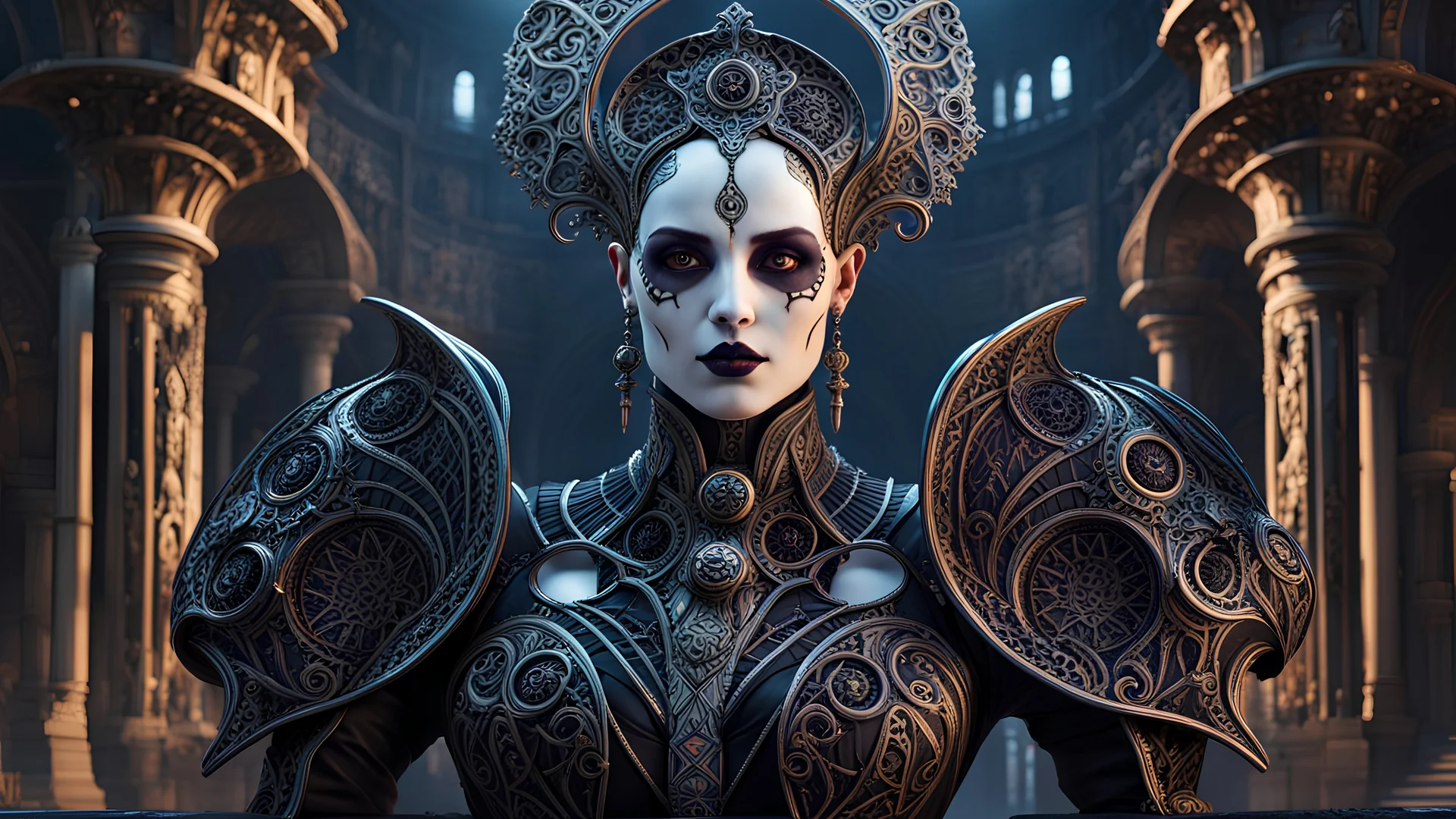 a dark opera in a futuristic setting, Eerie, Painted bone, filigree, outside coliseum, Dark Fine Arts, Morbid Fine Arts, Macabre Fine Arts, 16k Resolution, Trending On Artstation, High Quality, Sharp Focus, Intricate Details, Intricate Patterns, Chaotic, Dynamic Lighting, Backlit, Professional Photography, Canon Lens, Full Figure Shot, Deep Color, copper and Silver Hour