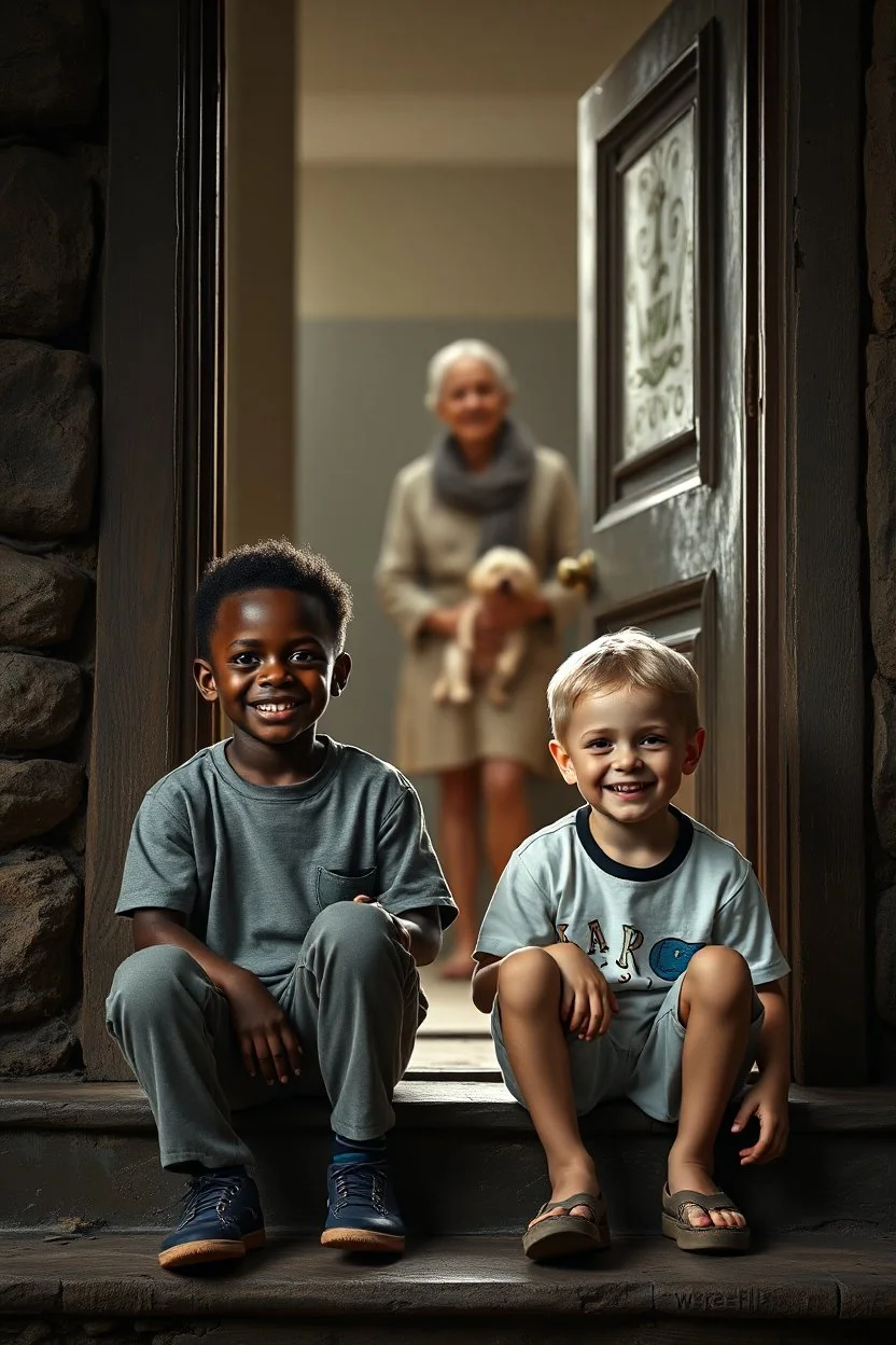 A black one year old boy and a one year old white boy both smiling , sitting on the door steps of the an old paints house door , behind the open door an old woman holding small dog , insanely detailed octane render trending on artstation, 8k artistic photography, photorealistic concept art, soft natural volumetric cinematic perfect light, chiaroscuro, award-winning photograph, masterpieces, oil on canvas, Raphael, Caravaggio, Greg Rutkowski, people,