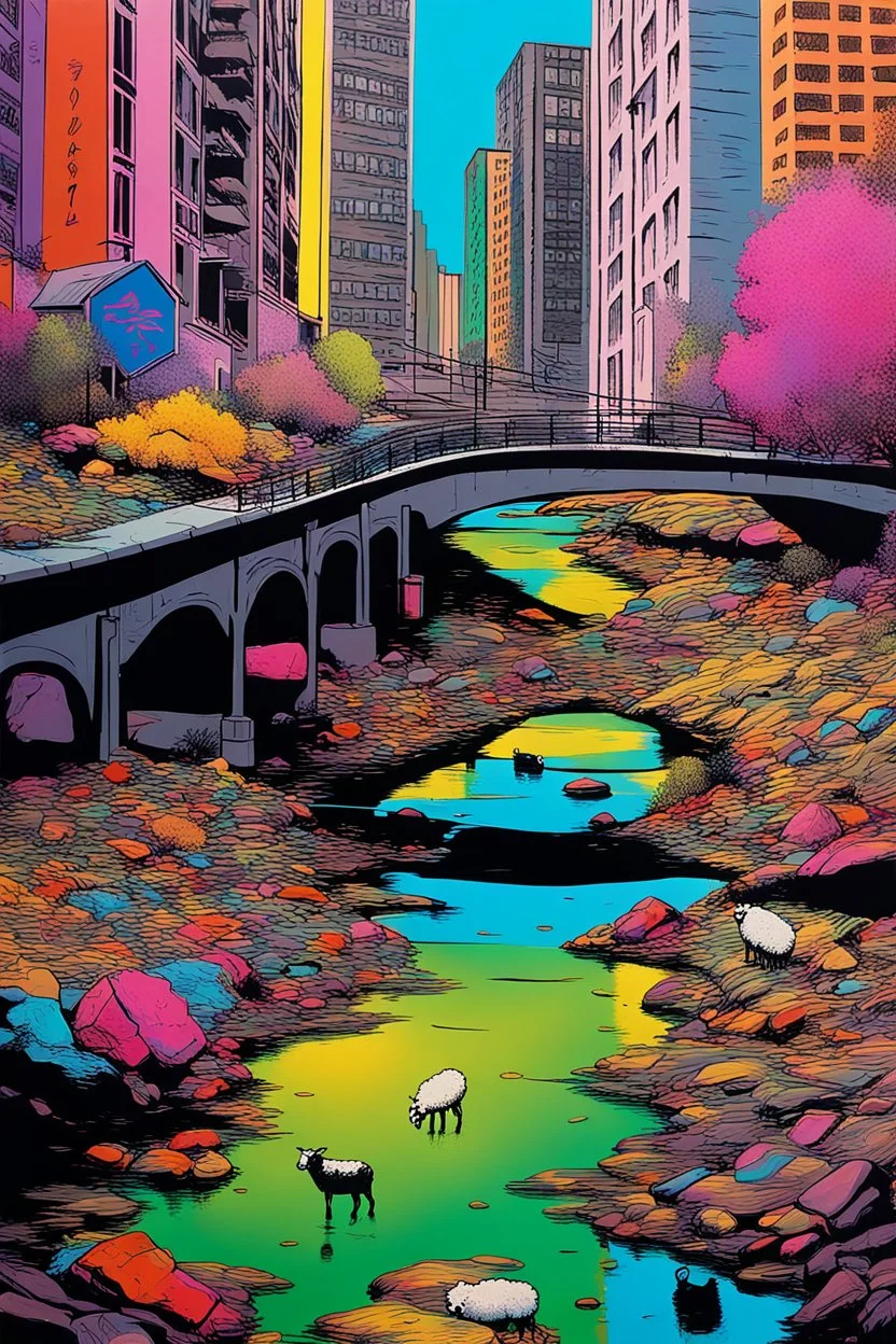 painting of a cyberpunk colourful natural walkway rubbish on the street in the city with pollution and a small bridge by a creek with electric sheep and androids by andy warhol