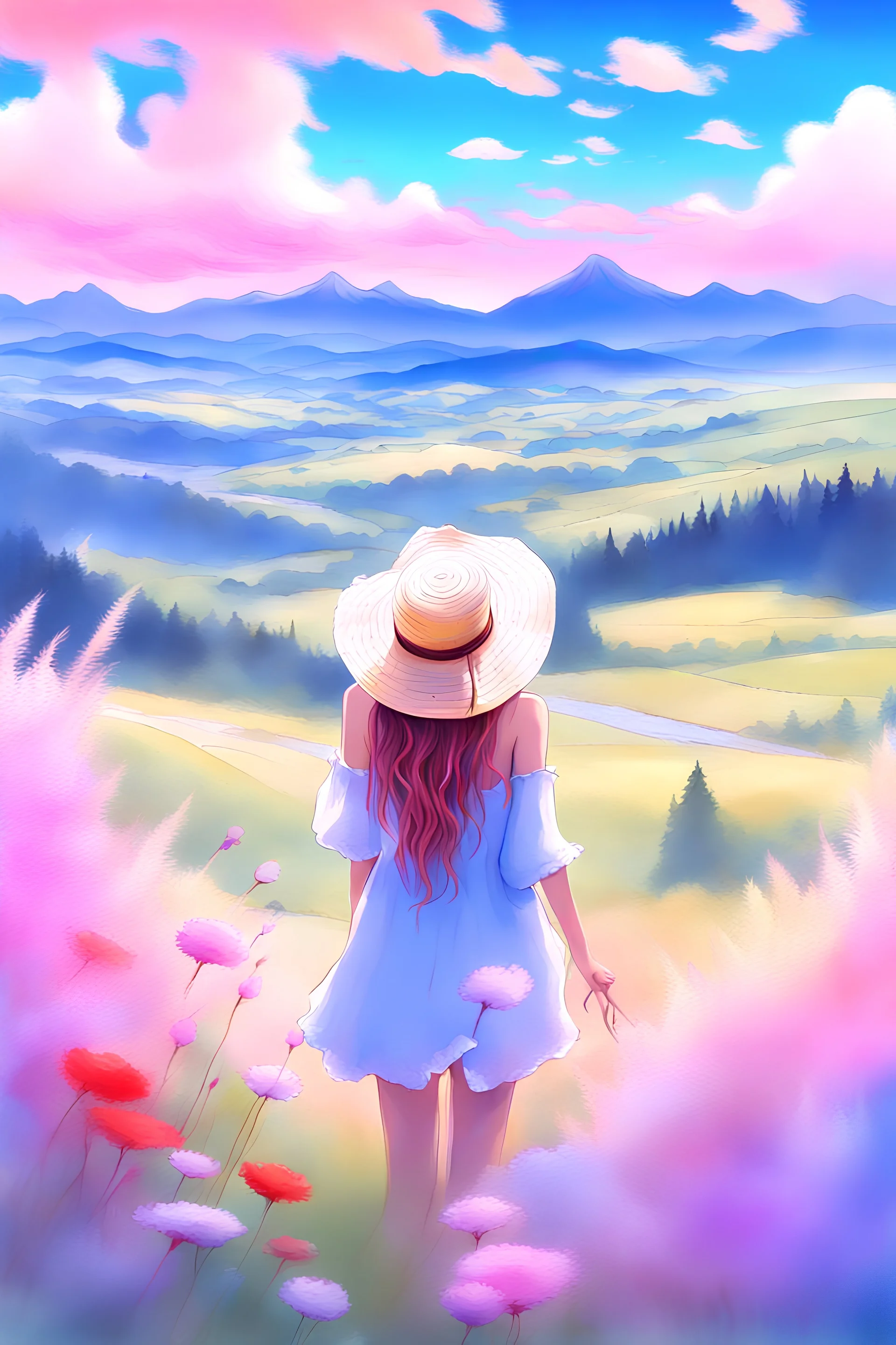 high quality, 8K Ultra HD, masterpiece, digital art, wash technique, colorful, Painting with dripping and scattered paint, blur, pale touch, smeared outline, like in a fairy tale, soft touch, summer sky, detailed clouds, back view of a woman, straw hat, beautiful summer meadow full of flowers, mountains, Her hair flutters in the wind, full body, sunset, pale blue dress, brown hair, luminism, three-dimensional effect, enhanced beauty, Albert Anker, Painting as Agnes Cecil, Greg Rutkowski, Artgerm