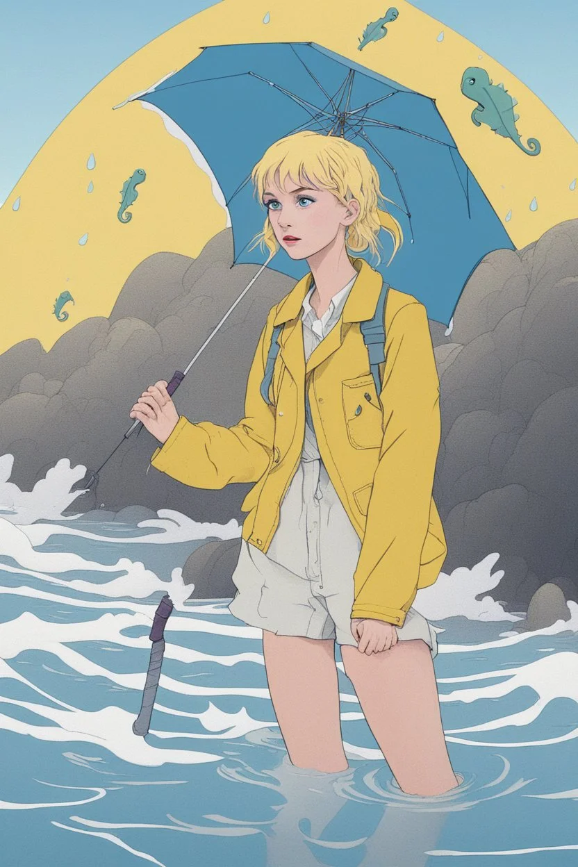 In the music video, a 23-year-old woman with blonde hair and bright blue eyes stands in the sea, se has a bun. dressed in a yellow fisherman's jacket. She holds an umbrella, but it offers no protection from the pouring rain. Around her, seahorses are moving. The rain is pouring heavily. She is standing in the middle of the sea. You can see here completely. The rain is pouring really really hard. horses