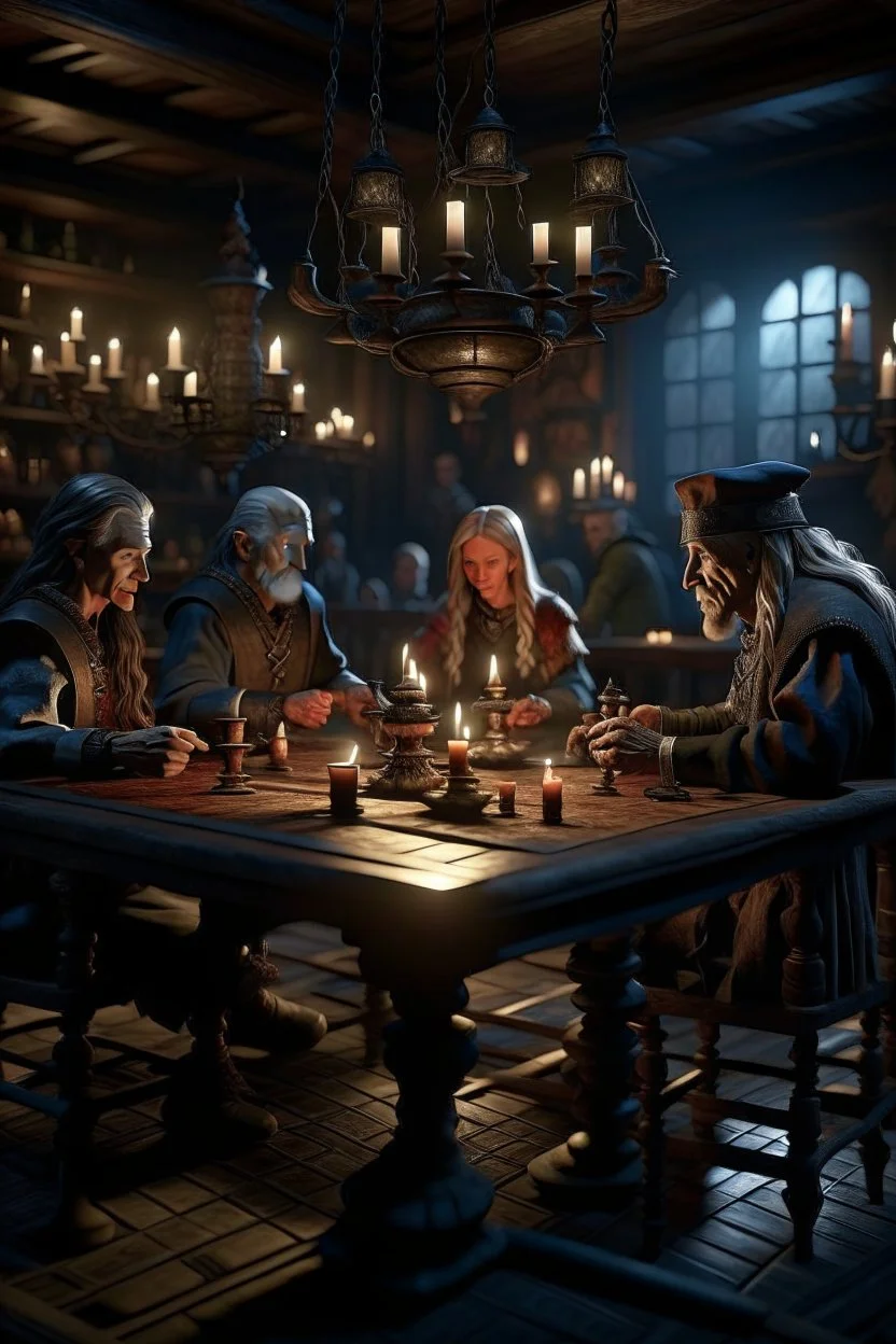 shady figures around a table in an d&d style tavern, in the style of fantasy movies, photorealistic, shot on Hasselblad h6d-400c, zeiss prime lens, bokeh like f/0.8, tilt-shift lens 8k, high detail, smooth render, unreal engine 5, cinema 4d, HDR, dust effect, vivid colors