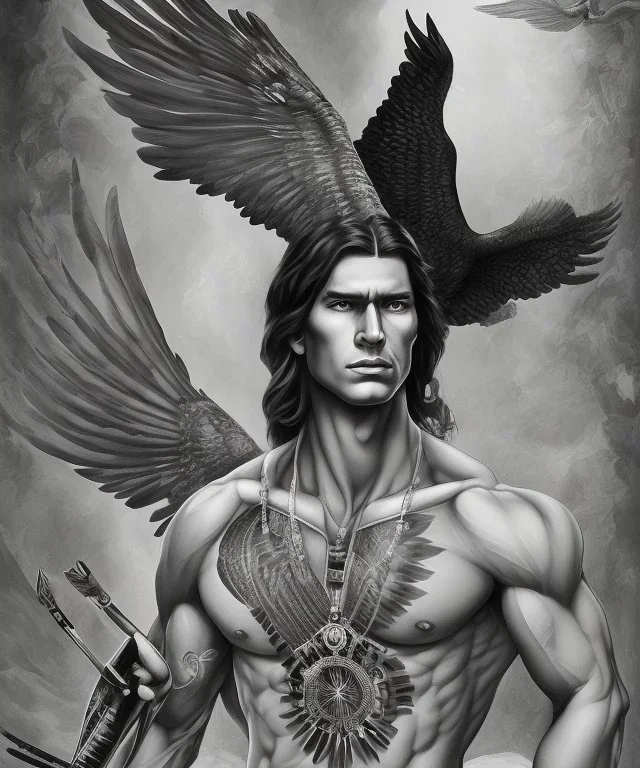 black hawk, native american warrior, long black hair, big muscles, black fabric coat like wings