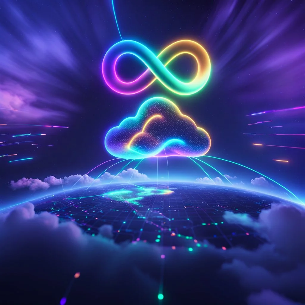 Colourful 3D glowing infinity symbol ∞, hovering above a colourful glowing cloud, network and lights coming from the cloud onto a futuristic map of the globe, inspiring, neon, glowing, friendly, beautiful, octane render, 8k post-production, artstation: award-winning: atmospheric: commanding: fantastical: clarity: 16k: ultra quality: striking: brilliance: liquid medium: stunning colors: amazing depth; lens: f/8, 28mm