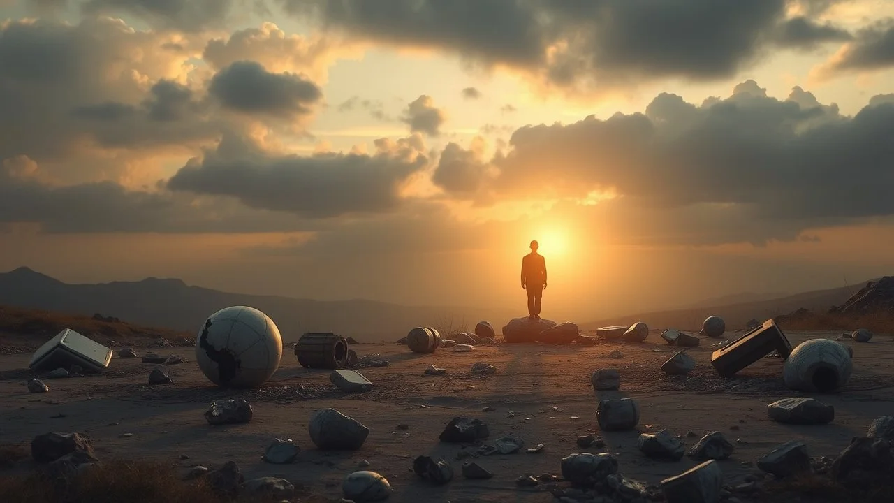 "A serene landscape where broken objects are scattered around, but the central figure stands calm and glowing, radiating peace and understanding."