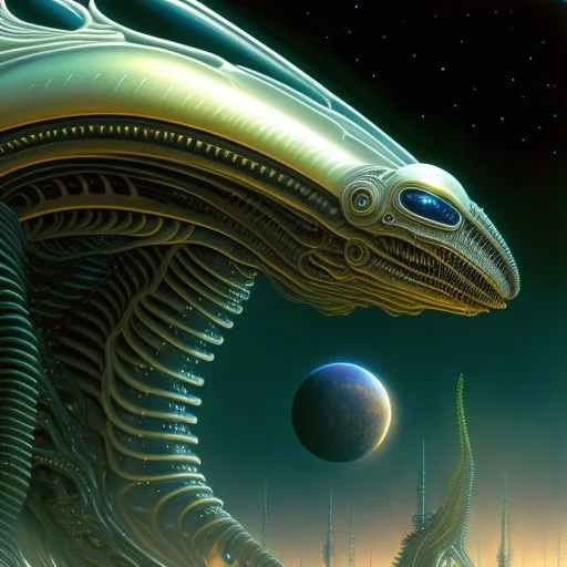 Alien being, scifi, perfect composition, photorealistic, super detailed, 8k, high quality, intricate details, highly detailed, ambient lighting, in the style of H.R. Giger, Boris Vallejo