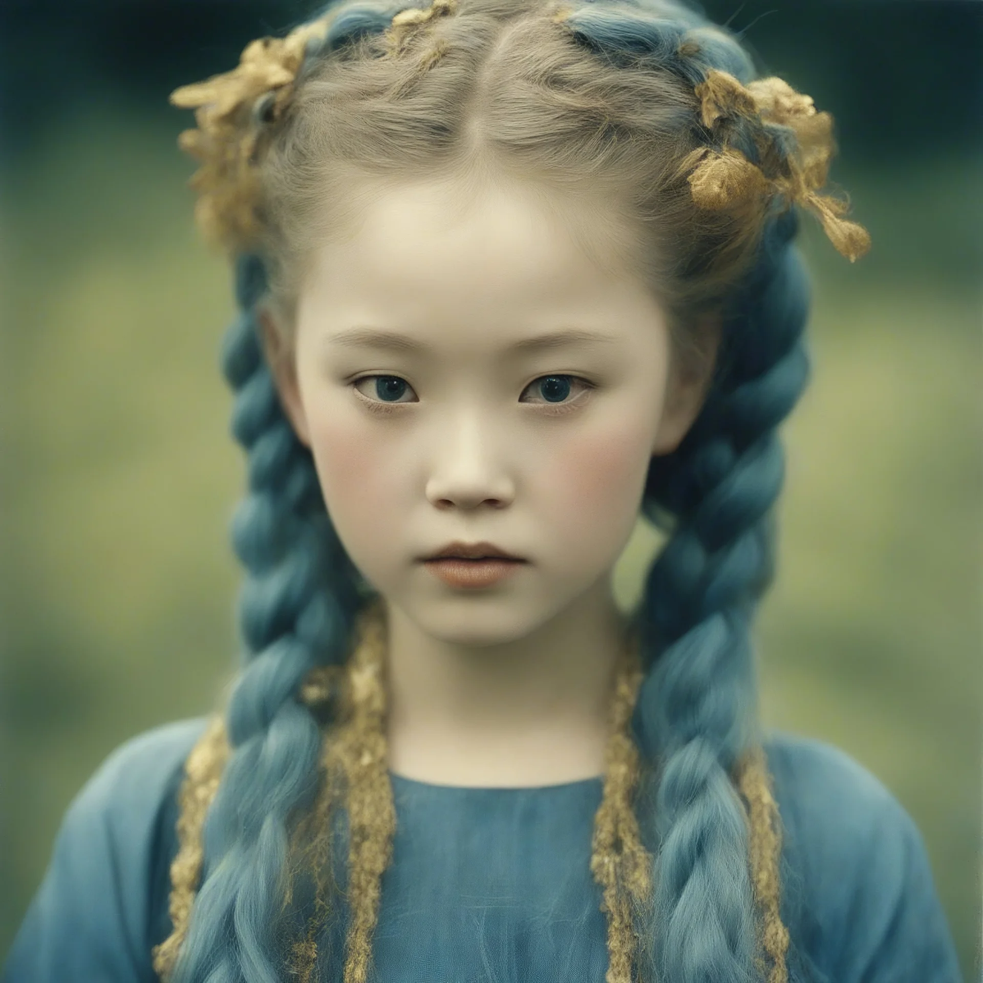 Old autochrome of devon aoki with golden cheeks, strange blue braids. in a gardent, in 1830