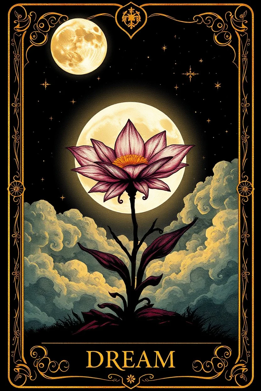 in center stunning colors and gold alcolhol ink tarot card (9:10 ratio) with 1 full moon and stunning fantasy fairy etheral flower, moon reflection, inscription at the bottom, text:"DREAM", dark sky, strars, occult forces, sharp focus, beautiful ornamentic frames on card, detalied, fantasy, black background