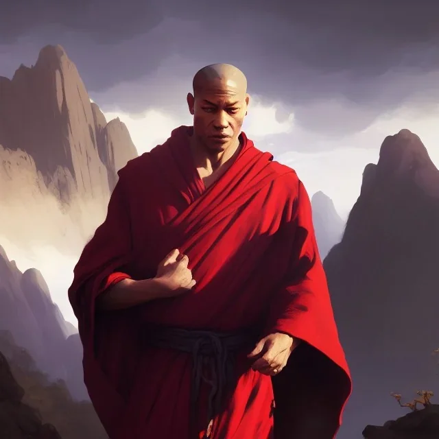 Portrait of a monk, red robe, mountain background, fog, face front, grimdark, Frank Frazetta, Greg Rutkowski, hyperdetailed, dnd, trending on Artstation, Splash screen art, dynamic lighting, hyperdetailed, intricately detailed, a masterpiece, 8k resolution