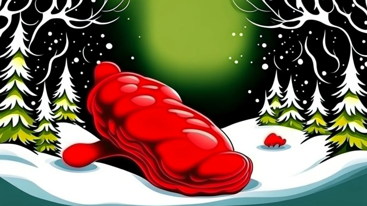 fantasy cartoon style illustration: red mitten on snow in the wood