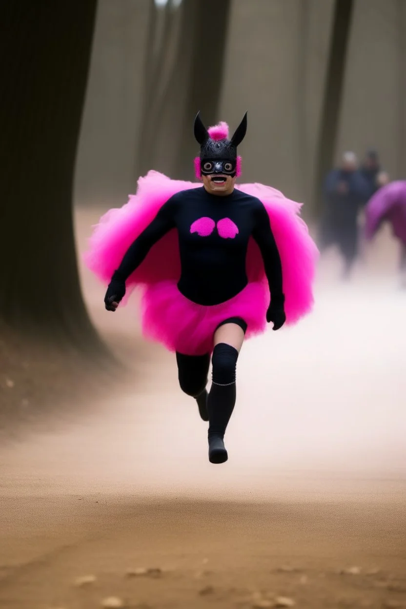 batman adult wearing a bright pink tutu, running away from wild boars.