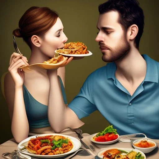 A woman eating a meal with her boyfriend