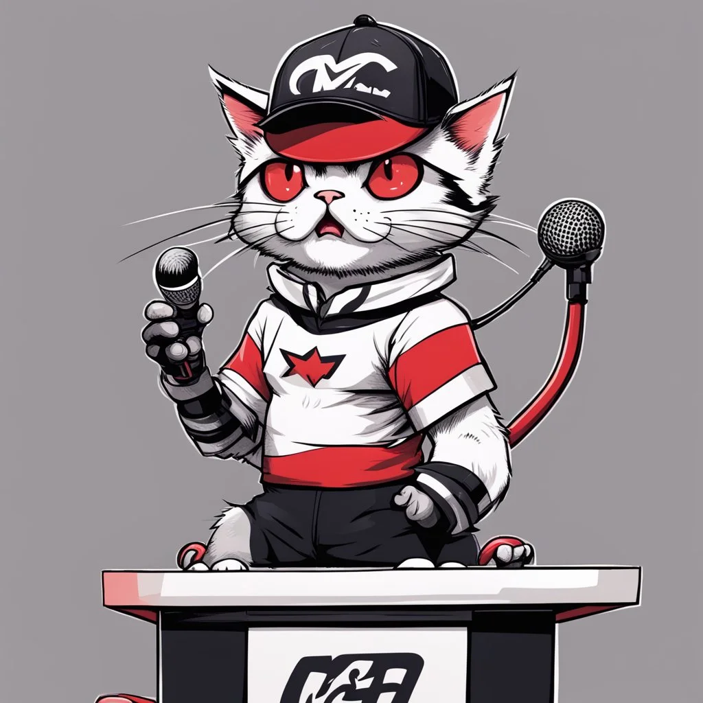 a drawing of a manga cat man with a sports cap and shirt, speaking at a (((lectern))) with a microphone, red, white and black colors, cat white and black colors, angry cat