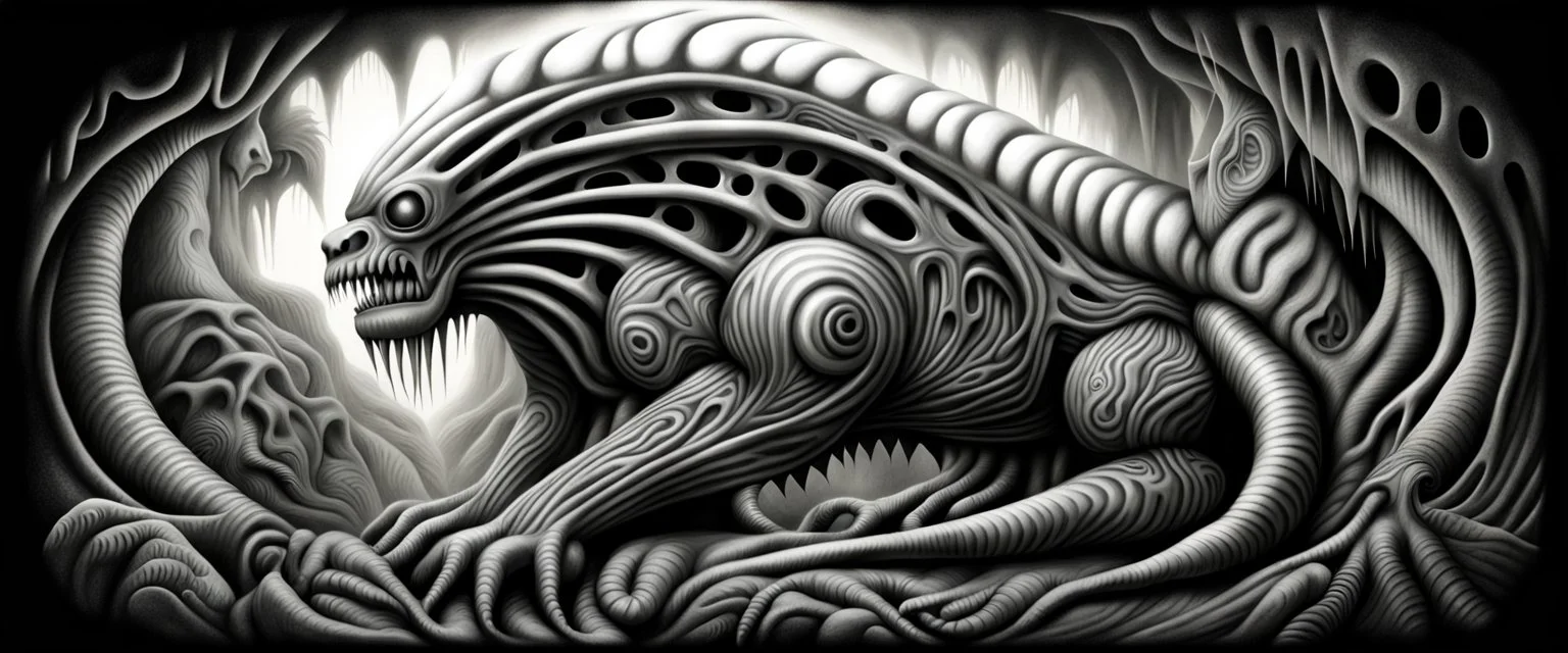 airbrush of twisted rock and jungle monster breed animal as fantasy art in the style of giger and escher