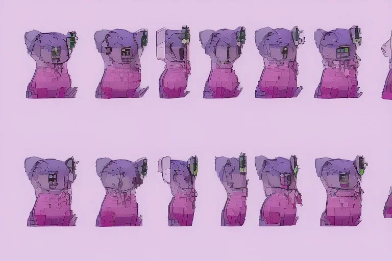 sprite sheet of cyberpunk cute bear in pink and purple