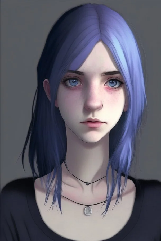 Realistic female teenager with pale skin, big grey eyes, blue and purple shoulder length hair, round face, prominent collarbones, black clothing