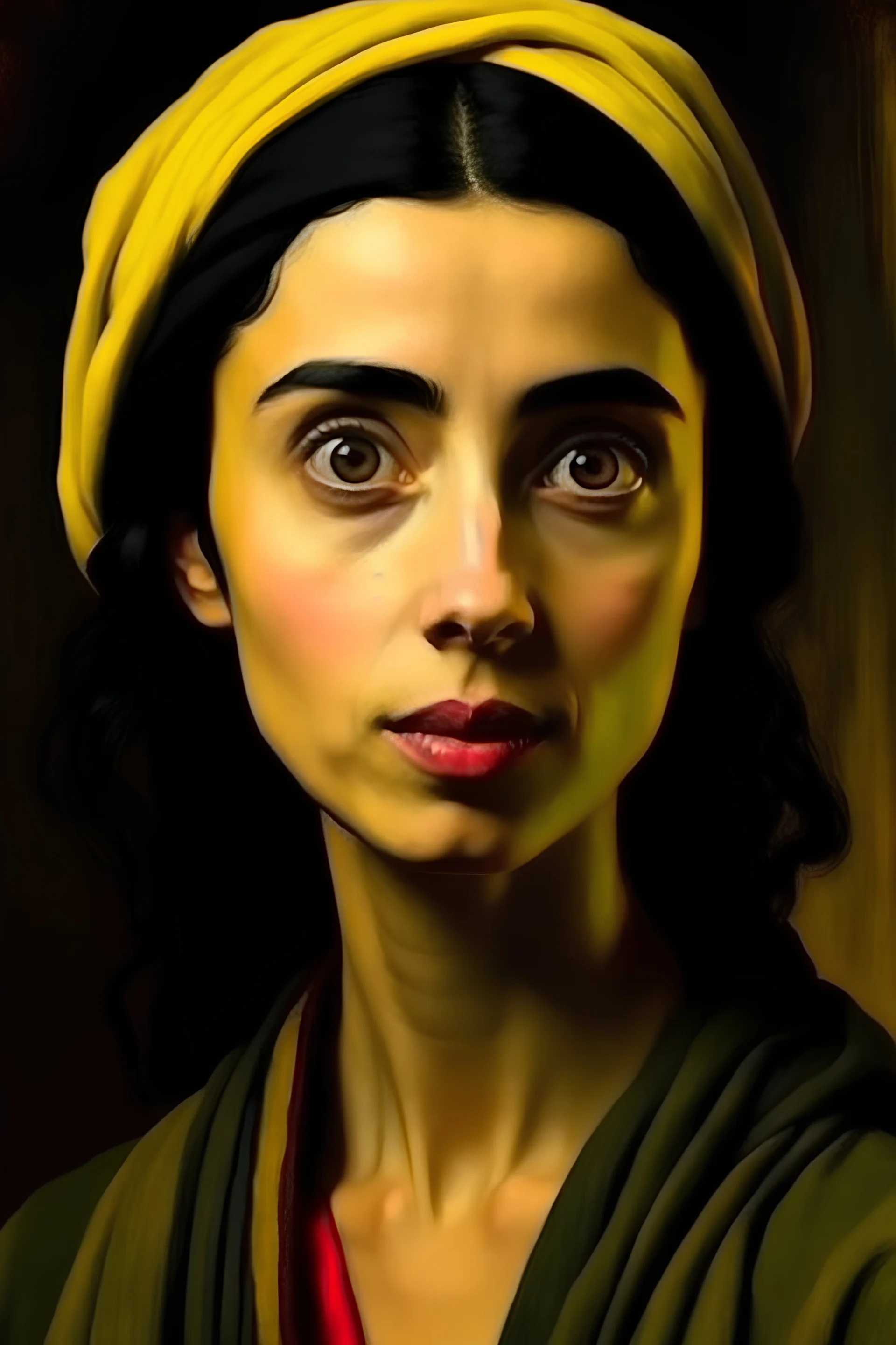 A young woman of wheatish color, with authentic Arab features, with a broad forehead, full lips, wide black eyes, black hair of medium length, eyebrow with a scar , Van Gogh character