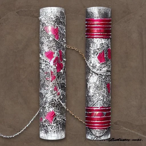 fantasy, digital art, long metal cylinder, object, chain, metallic, dark metal, ruby encrustations, massive, engravings