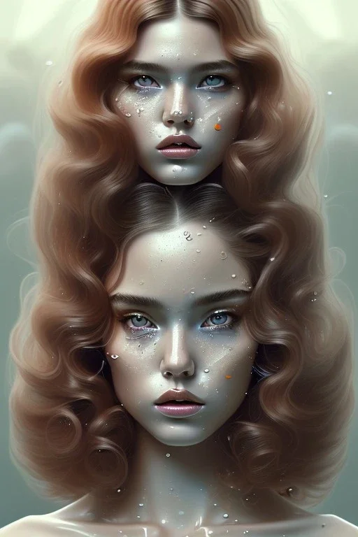 1970's porno model, cute, big droopy eyes, pouty wet lips, angelic face with minor blemishes, beautiful, long orange flowing hair, wavy hair, curly hair، black eyes, head and shoulders portrait, cinematic, misty atmosphere, 8k, resolution concept art portrait by Greg Rutkowski, Artgerm, WLOP, Alphonse Mucha dynamic lighting hyperdetailed intricately detailed, bokeh, Stunning 8k ektar film scan, rim light, volumetric lighting