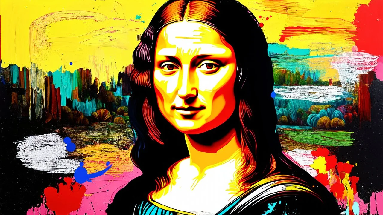 Inspired by the timeless enigma of the Mona Lisa, this abstract contemporary portrait features intricate modern printed pop art and vibrant paint embellishments on the subject's face. The primary subject is a striking and colorful interpretation of a modern muse, presented in a mesmerizing collage design. Every detail in this high-quality image is meticulously crafted, with a bold and conceptual approach that captivates the viewer's imagination.