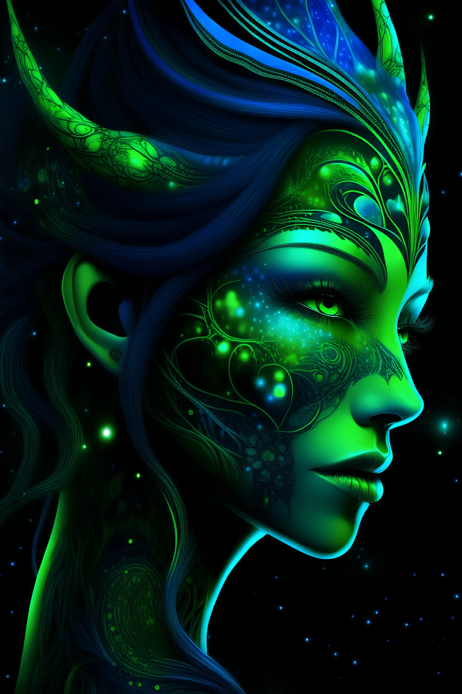 6 feet, with a slender and graceful figure. skin is a mesmerizing blend of deep, dark, reminiscent of a moonlit forest.midnight blue, emerald green, and deep purple. The skin is patterns that resemble constellations, eyes are large, glowing with an eerie, phosphorescent light.a piercing shade of neon green,aura.face is framed by long, flowing tendrils of bioluminescent hair, slender limbs covered in a textured, scale-like pattern. The scales are iridescent and reflect a kaleidoscope of colors