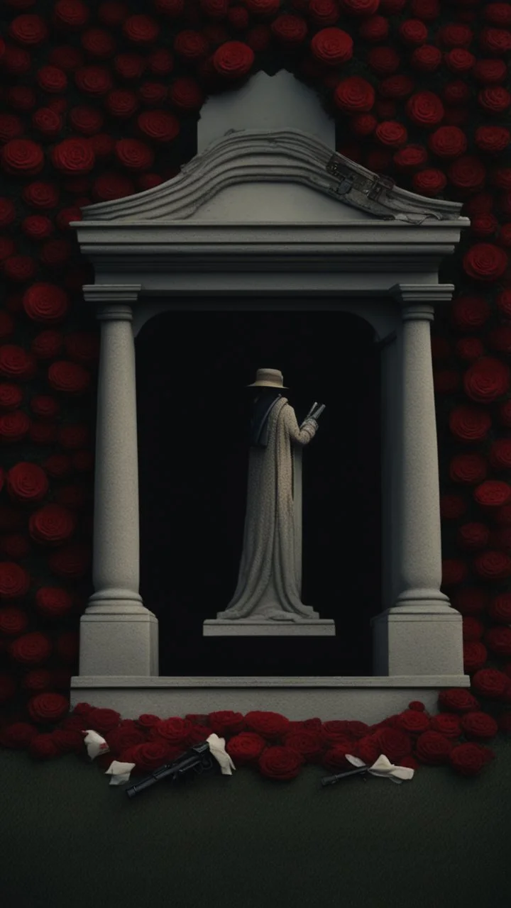 A grave in a field full of red roses. Above the grave is a white lace scarf and a gun.cinematic