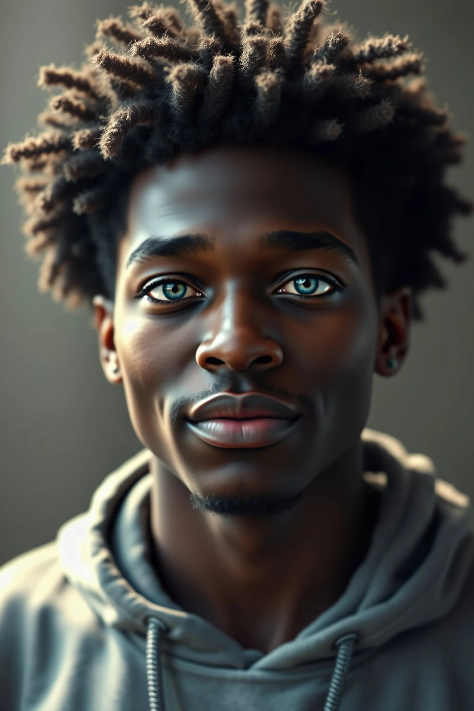 high resolution photoreal 27 year old black human male with blue eyes, a mini afro, and a playful look. photorealistic, smooth shading, ultra detailed, high resolution, cinematic, unreal 6, subtle shadows, octane render, 8k, cinema 4d, HDR, dust effect