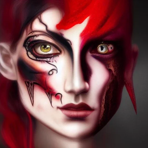 "woman full face tattoo of black clover extending past the face and morphing into reality, long black and red hair, red eyes, 8k resolution, high-quality, fine-detail, muted colors, intricate, digital art, detailed matte, volumetric lighting, illustration, octane render