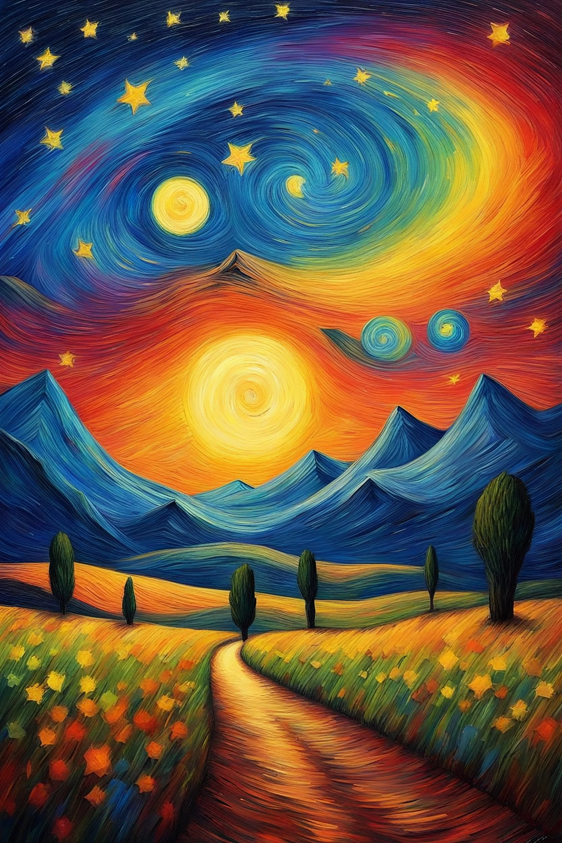 Starry night, Van Gogh style, landscape, sunset, colorful, rainbow, painterly, like a painting, mystical, rain, wonder, mysterious