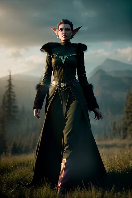 Cursed elf priestess with beautiful face, full body, running makeup, yellow eyes, full black sclera, dark mist around her, black fur robes, pale skin, dark smoke, photorealism, octane render, frostbite, 8k, cinematic, 35mm