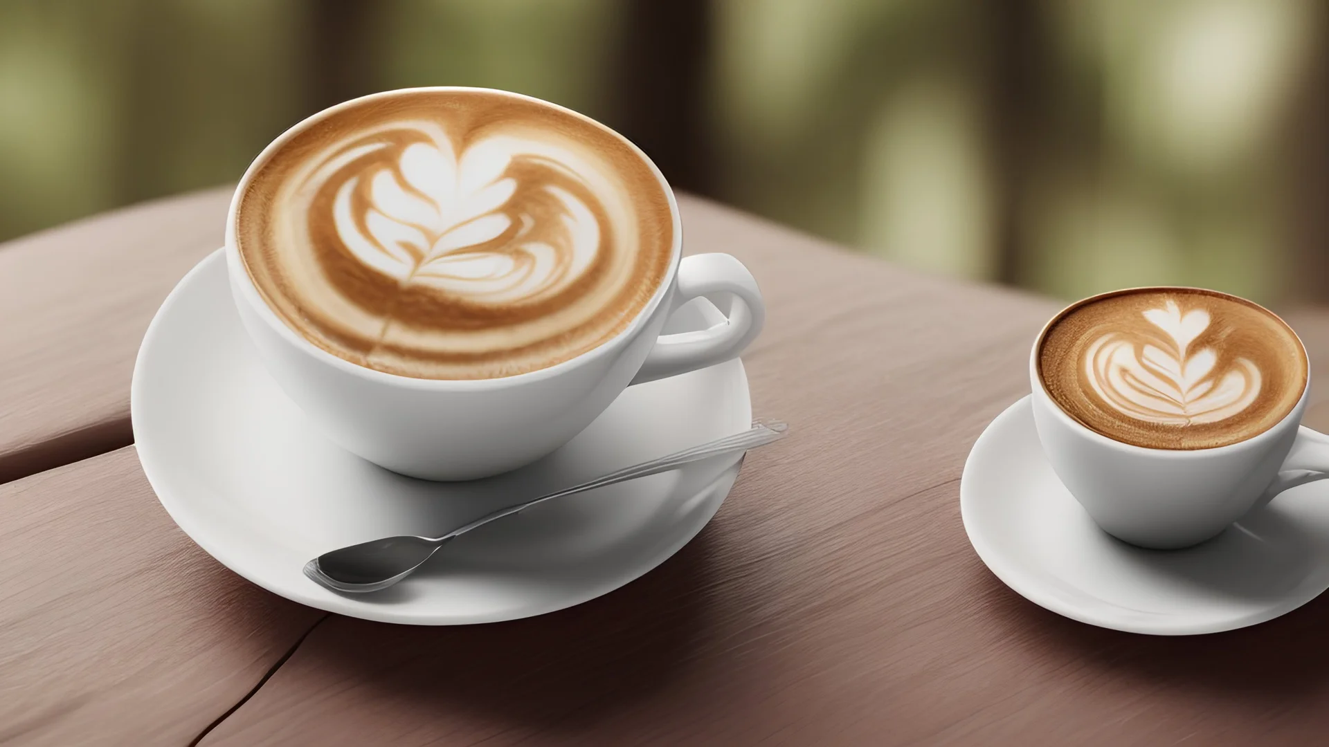 A clear, high-resolution image with 8K resolution, a beautiful wooden coffee cup cappuccino in the forest on a wooden table. The image is from the side so that the coffee and the beautiful cappuccino are visible