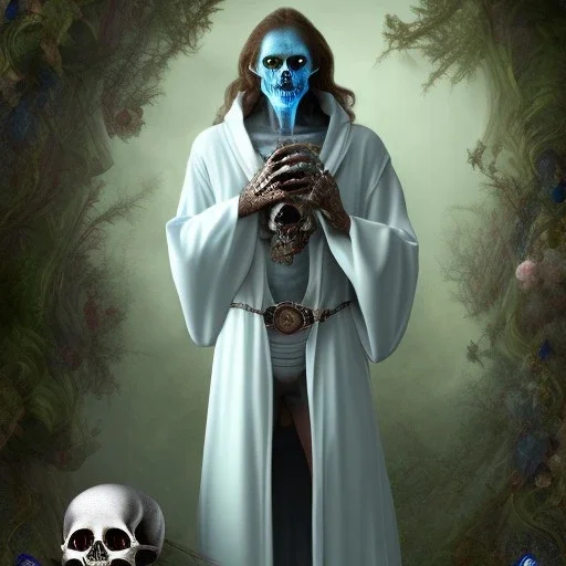  vampire poet wearing soft robes and blue gloves holding hairy skull & scroll,dark stone statue, lively eyes,hidden hands, framed by foliage, shiny eyes,