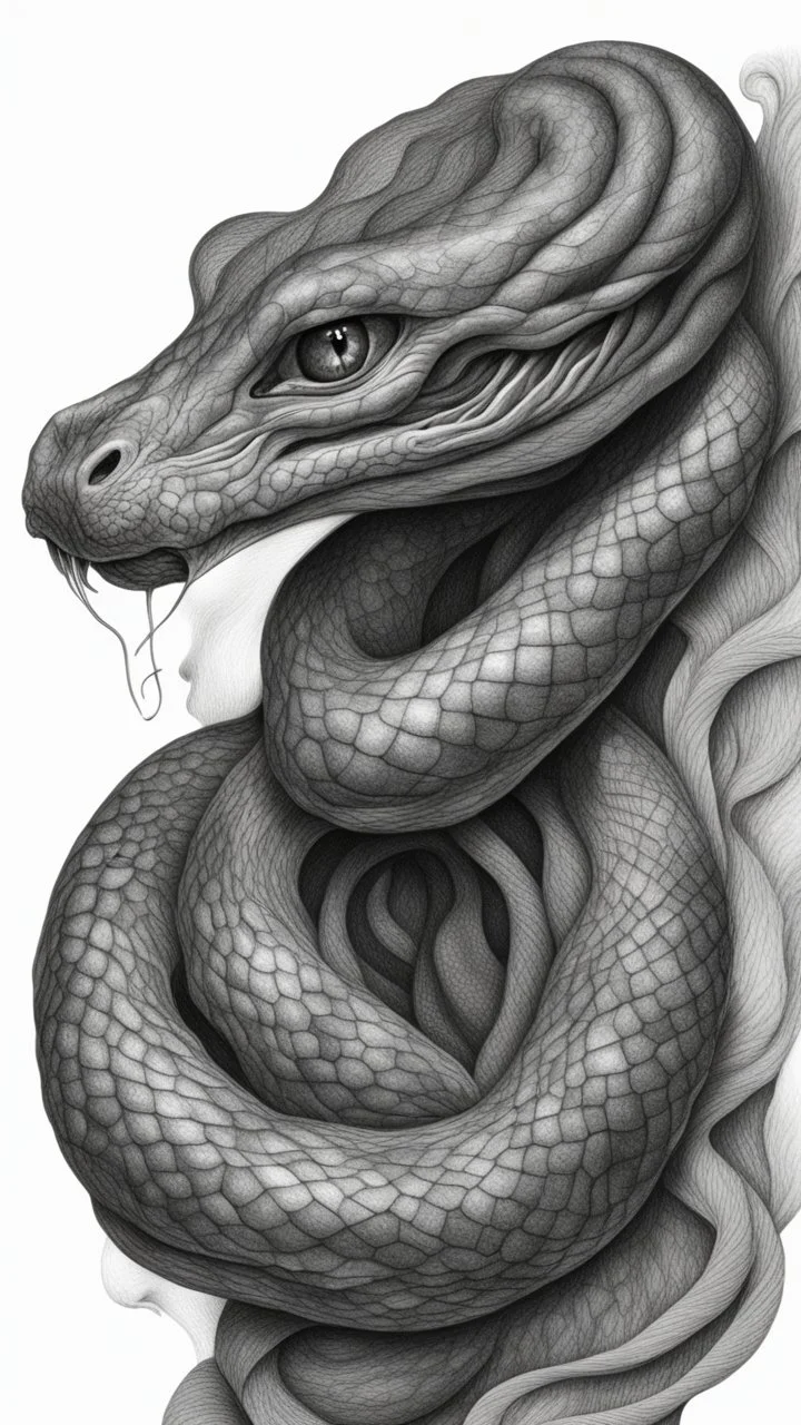 G𝙋𝙧𝙤𝙢𝙥𝙩 highly detailed graphite illustration, A surreal snake figure with exaggerated anatomical features, heavily wrinkled skin, and an intense, contemplative expression., thick eyebrows, merge into swirling abstract shapes. Large, expressive hands, one covering the mouth and the other gripping the forehead tensely. Mysterious, introspective, dreamlike, somewhat dark fantasy. #𝙙𝙧𝙚art #prompt