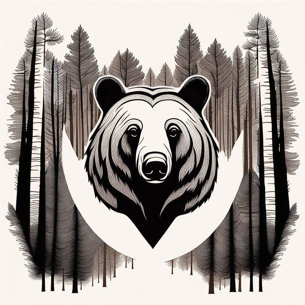 M shaped bear head combined with woods silhouette in backround, letterpress style, minimalistic pencil art