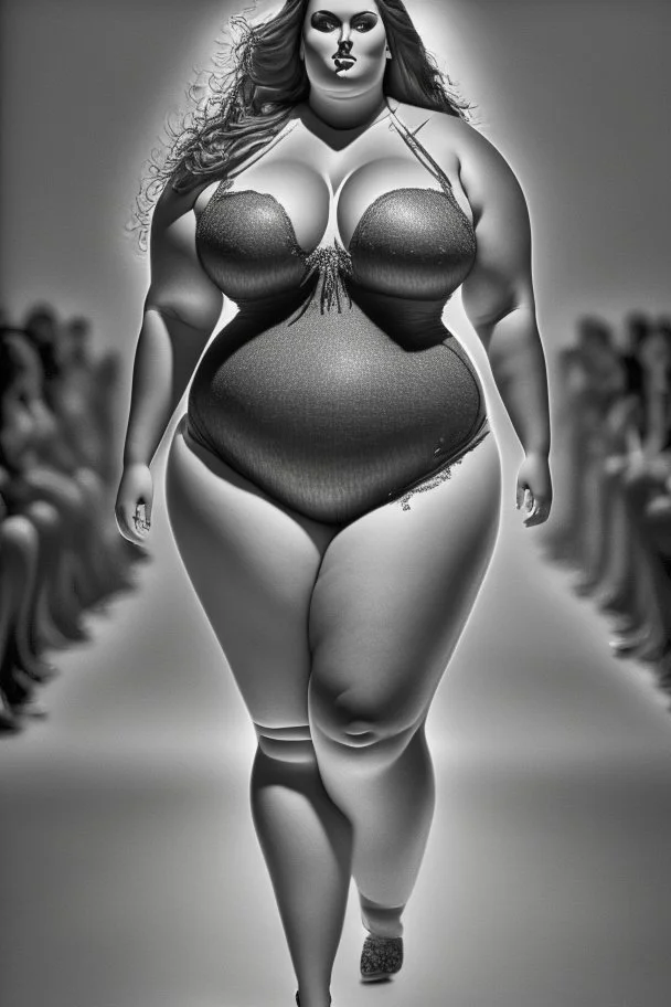 full_body_shot_of_a_hyper_realistic_ultra_detailed_photograph_of_a_beautiful curvy sexy clothes ,female model walking down a runway at a fashion show dark