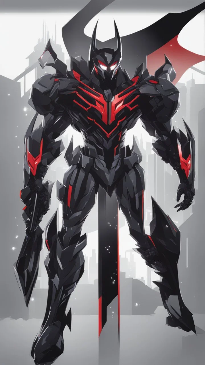 A close picture to Mix between transformers and batman and symbiote venom in solo leveling shadow art style with red details detailsis in fantasy world