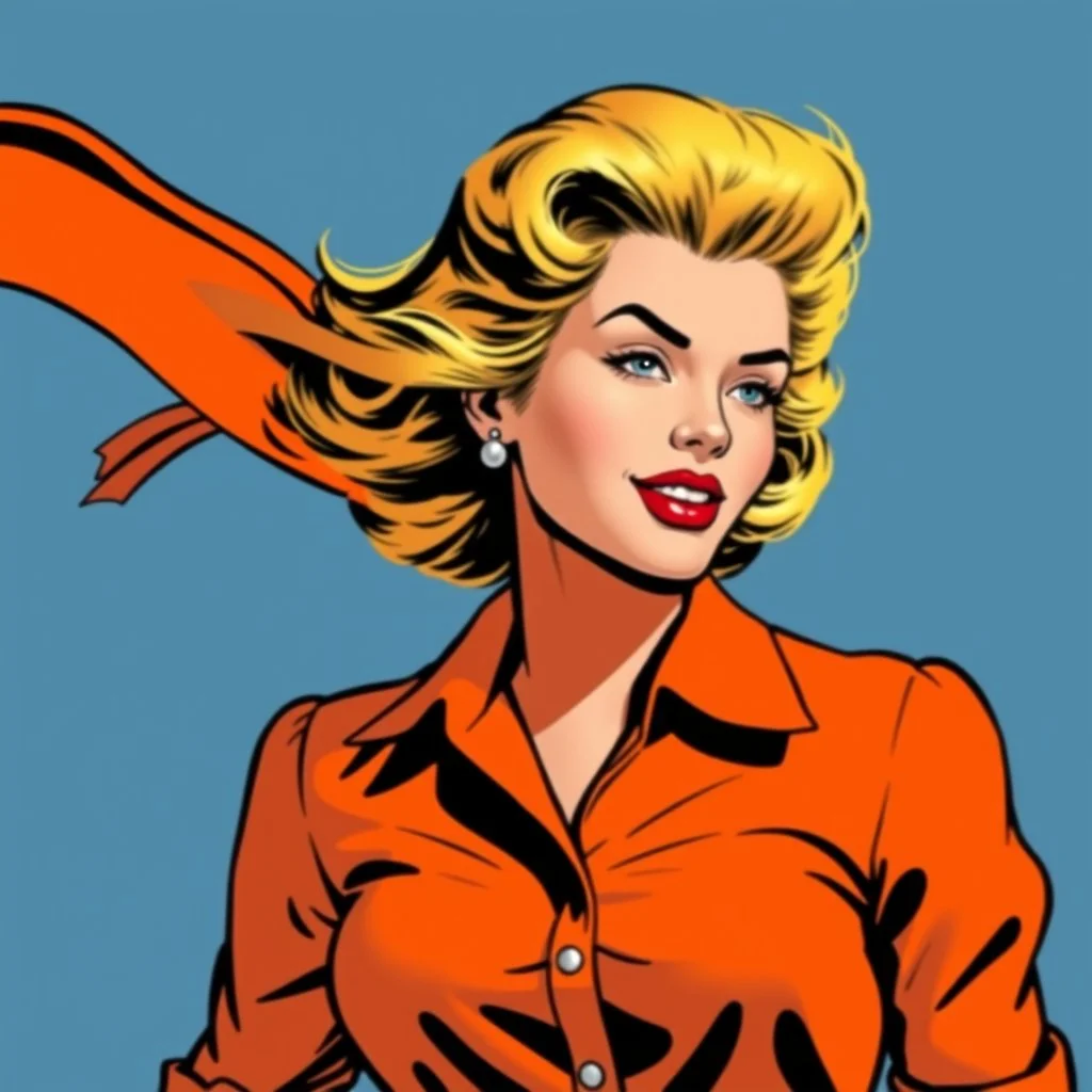 50s comics, marilyn monroe in an orange shirt , in the wind, blue background