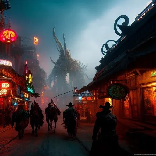 Cthulu, Cowboy in a chaotic wild western town, 8k resolution concept art. Huang Guangjian, Jean-Baptiste Monge, Ian Miller, Dynamic lighting. Hyperdetailed, intricately detailed. Trending on Artstation. Triadic colors Unreal Engine 5. Vray. Volumetric lighting. WLOP. Dynamic action oriented. Splash Art